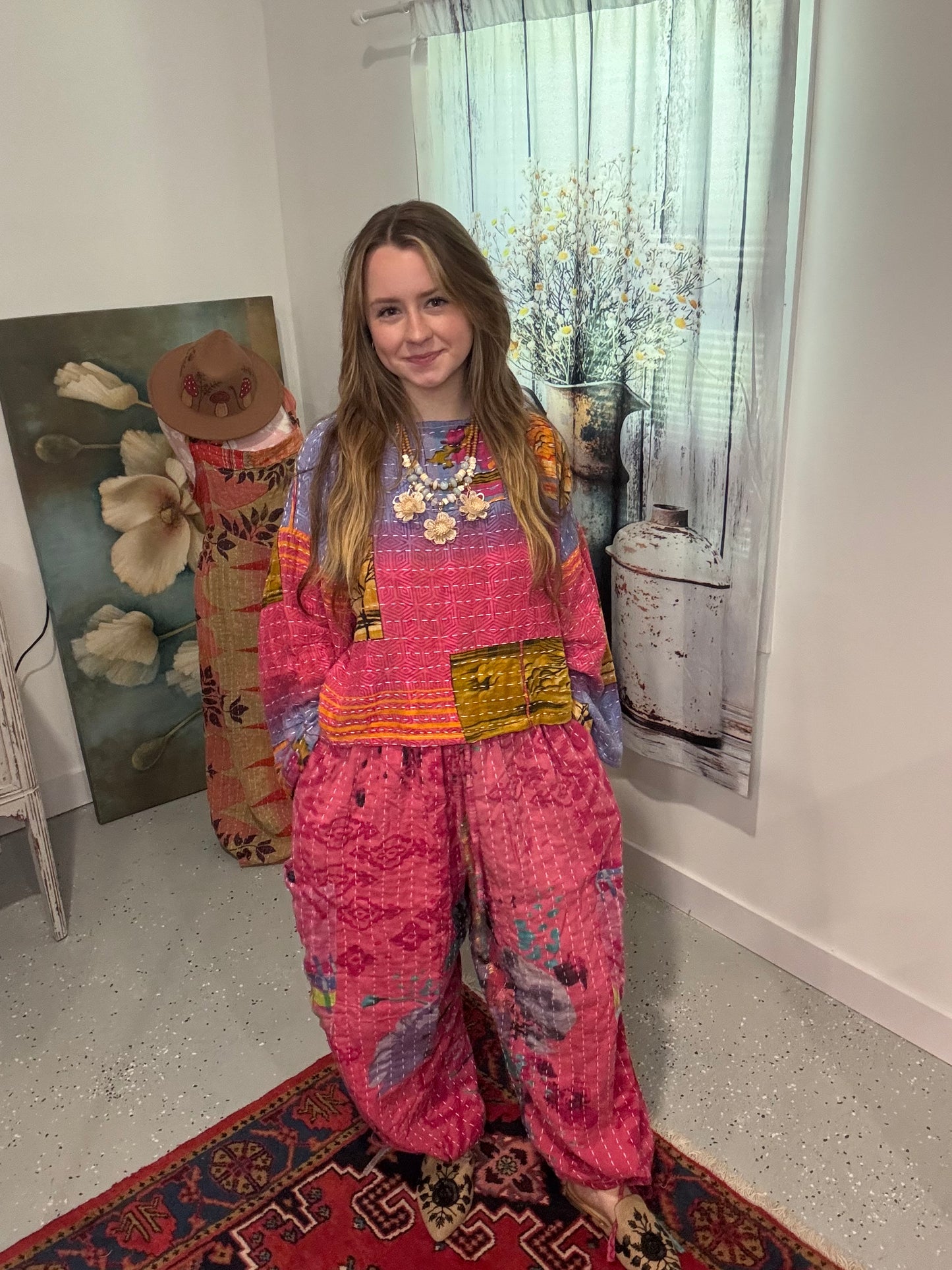 Set of top and convertable pants in light  kantha - One size S to 3X