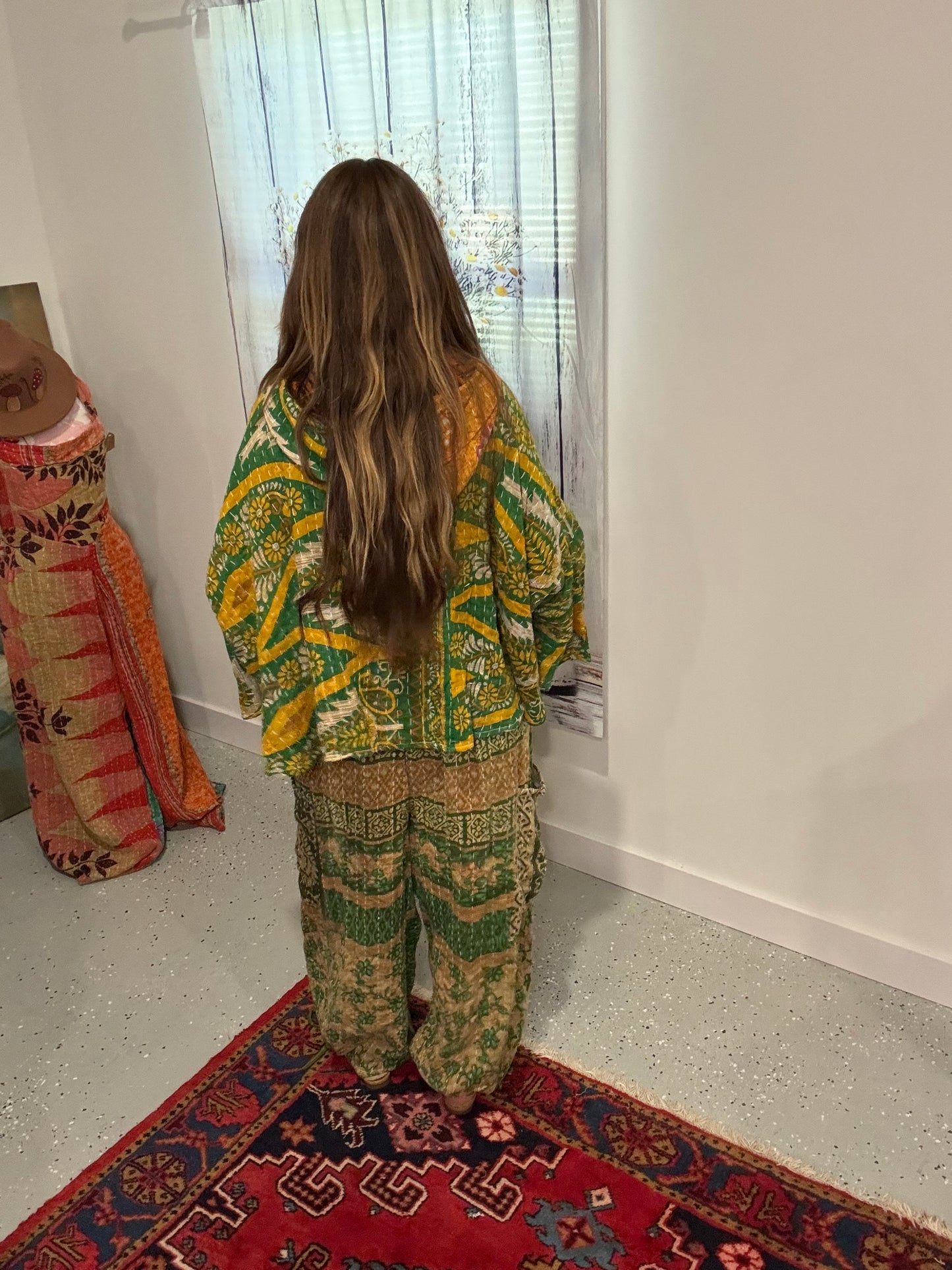 Set of Convertable Pants and Poncho in kantha - One size S to 3X