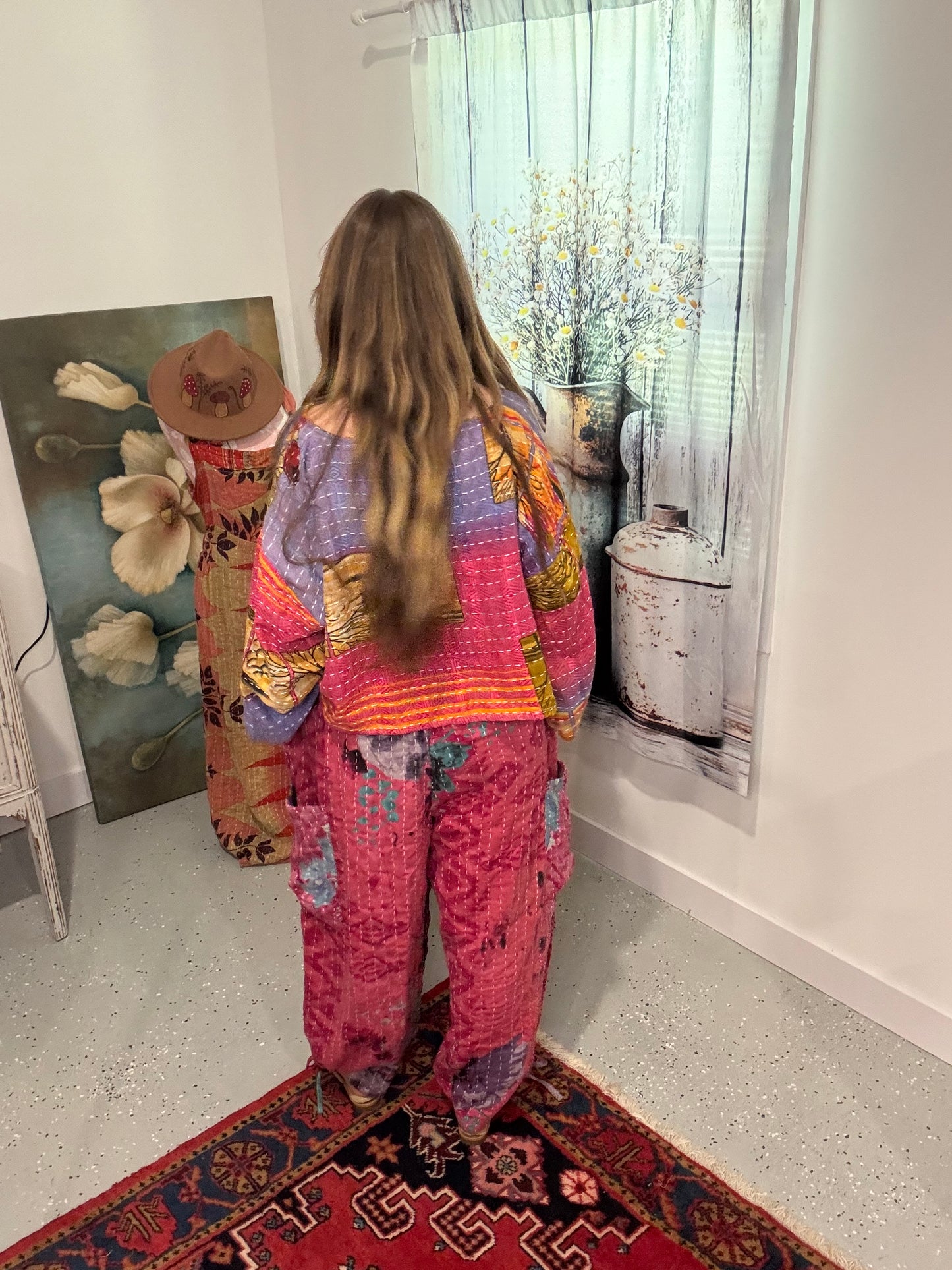 Set of top and convertable pants in light  kantha - One size S to 3X