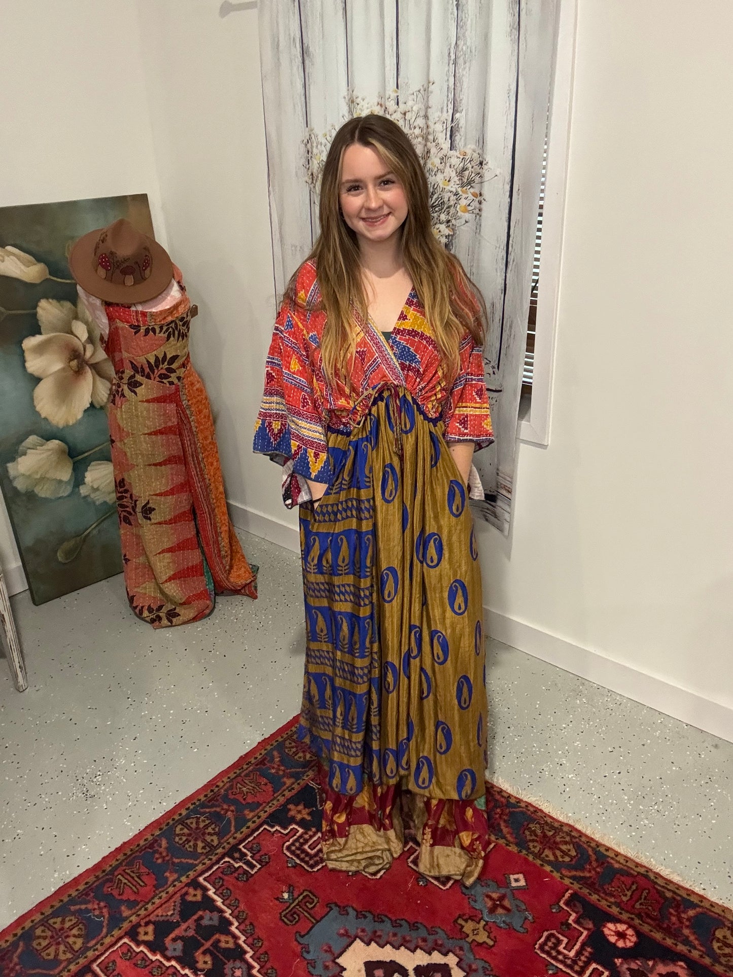 "Moon Light Bloom" Empire Waist Maxi Dress Kantha / Polysilk  - One Size S to 2X