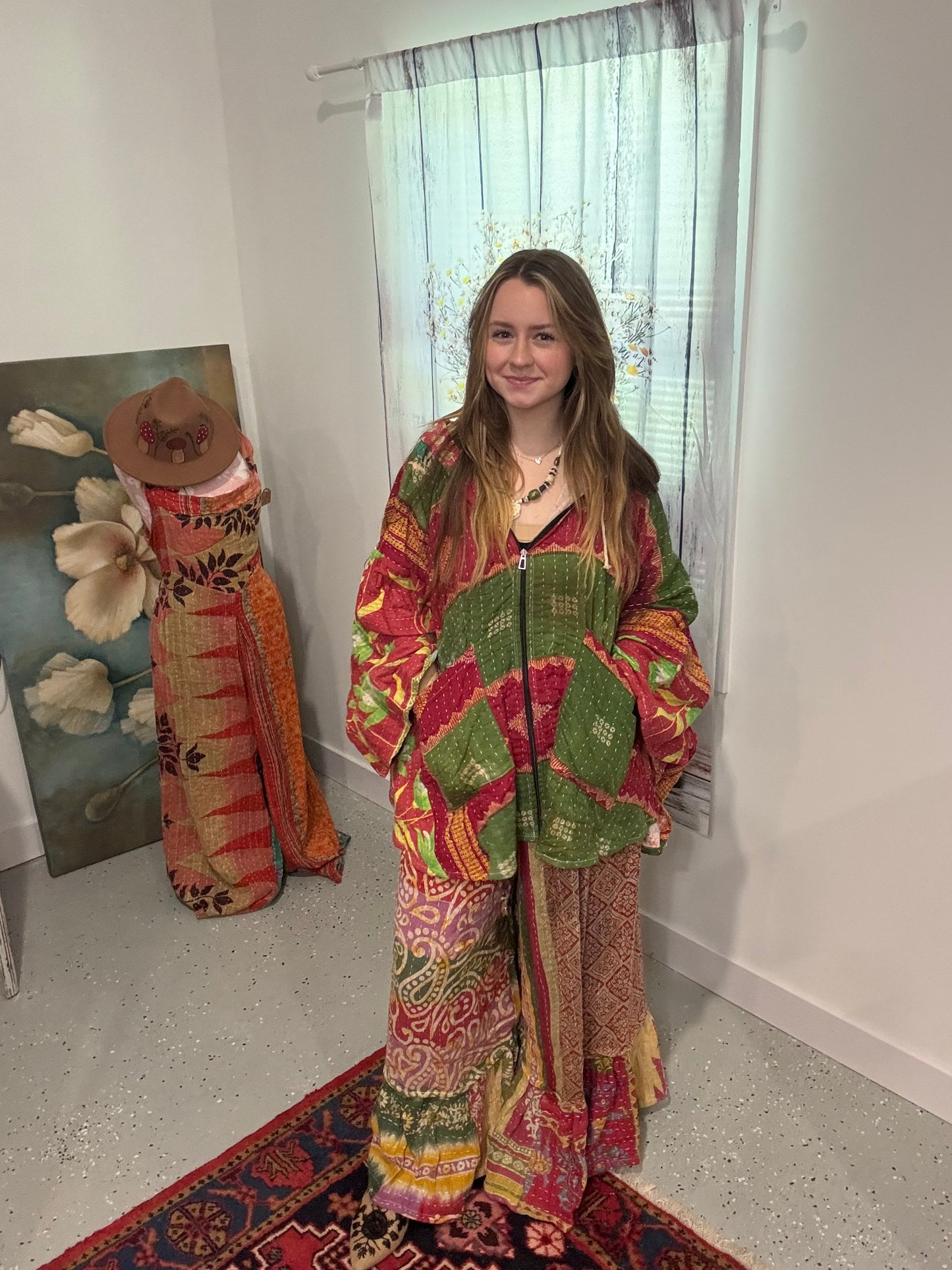 Set of reversable poncho and ruffle palazzo pants in 3 layers kantha - One size S to 3X