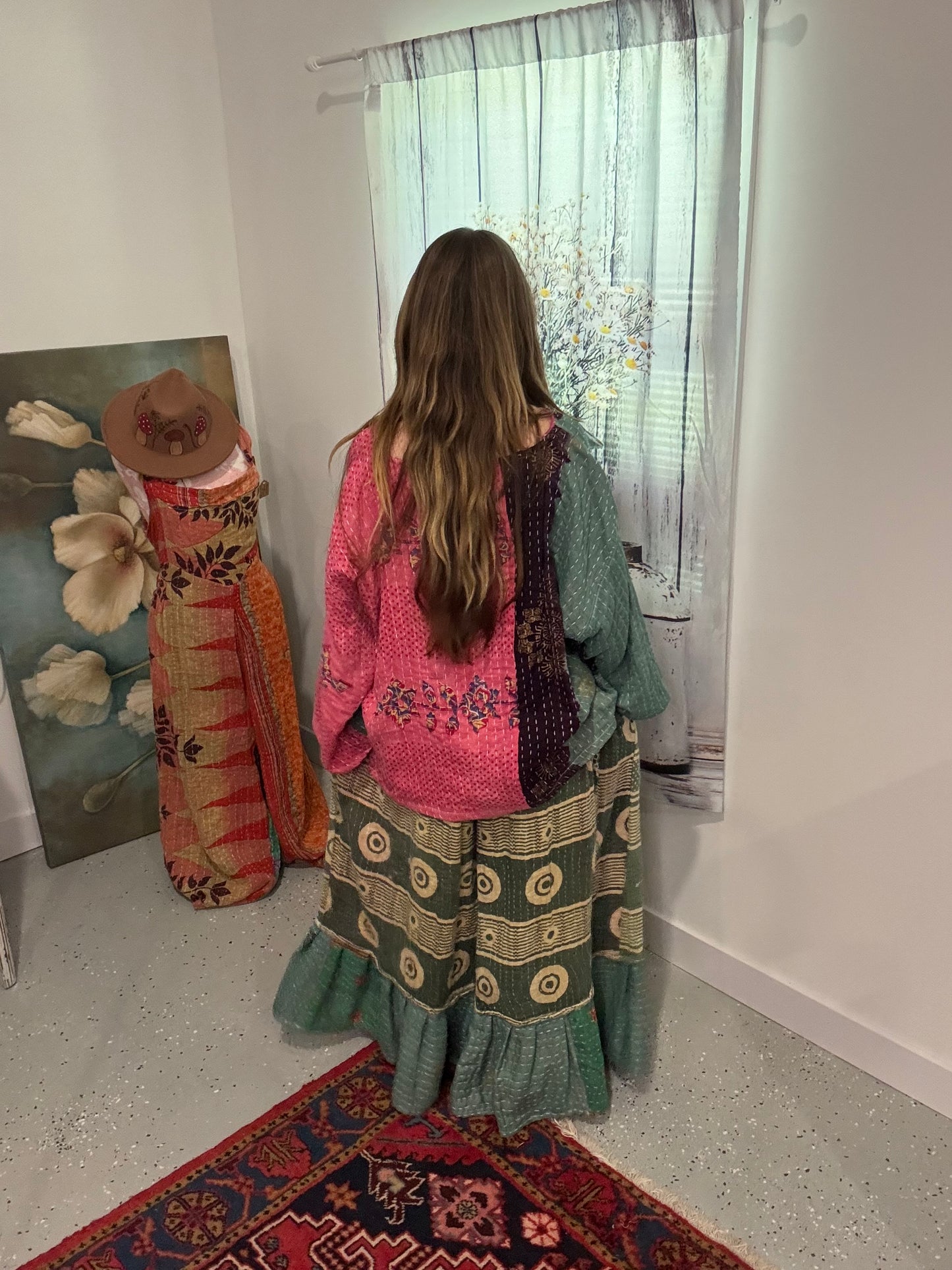 Set of tunic style top with ruffle pants in Kantha  - One size M to 3X