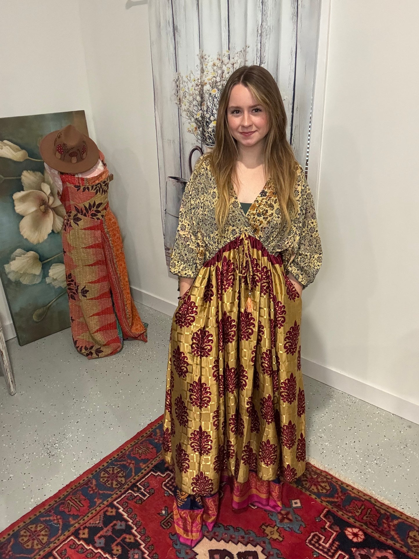 "Moon Light Bloom" Empire Waist Maxi Dress Kantha / Polysilk  - One Size S to 2X