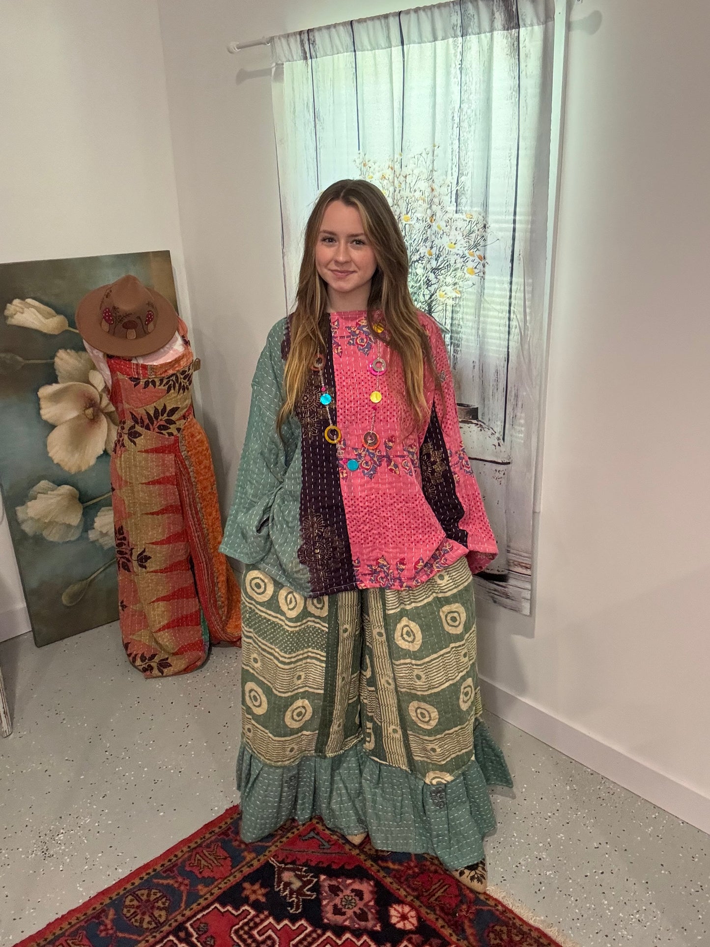 Set of tunic style top with ruffle pants in Kantha  - One size M to 3X