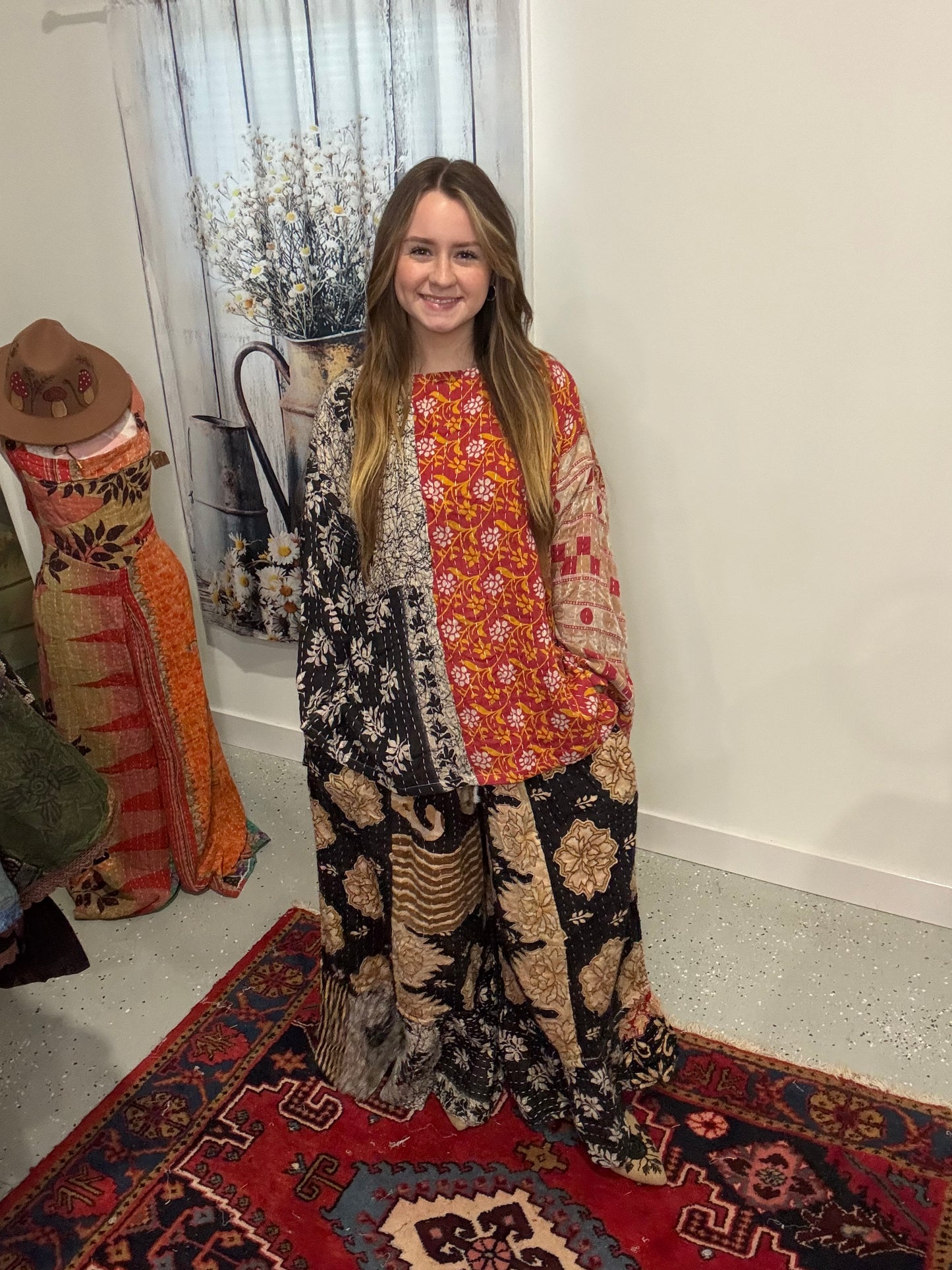 Set of tunic style top with ruffle pants - One Size M to 3X