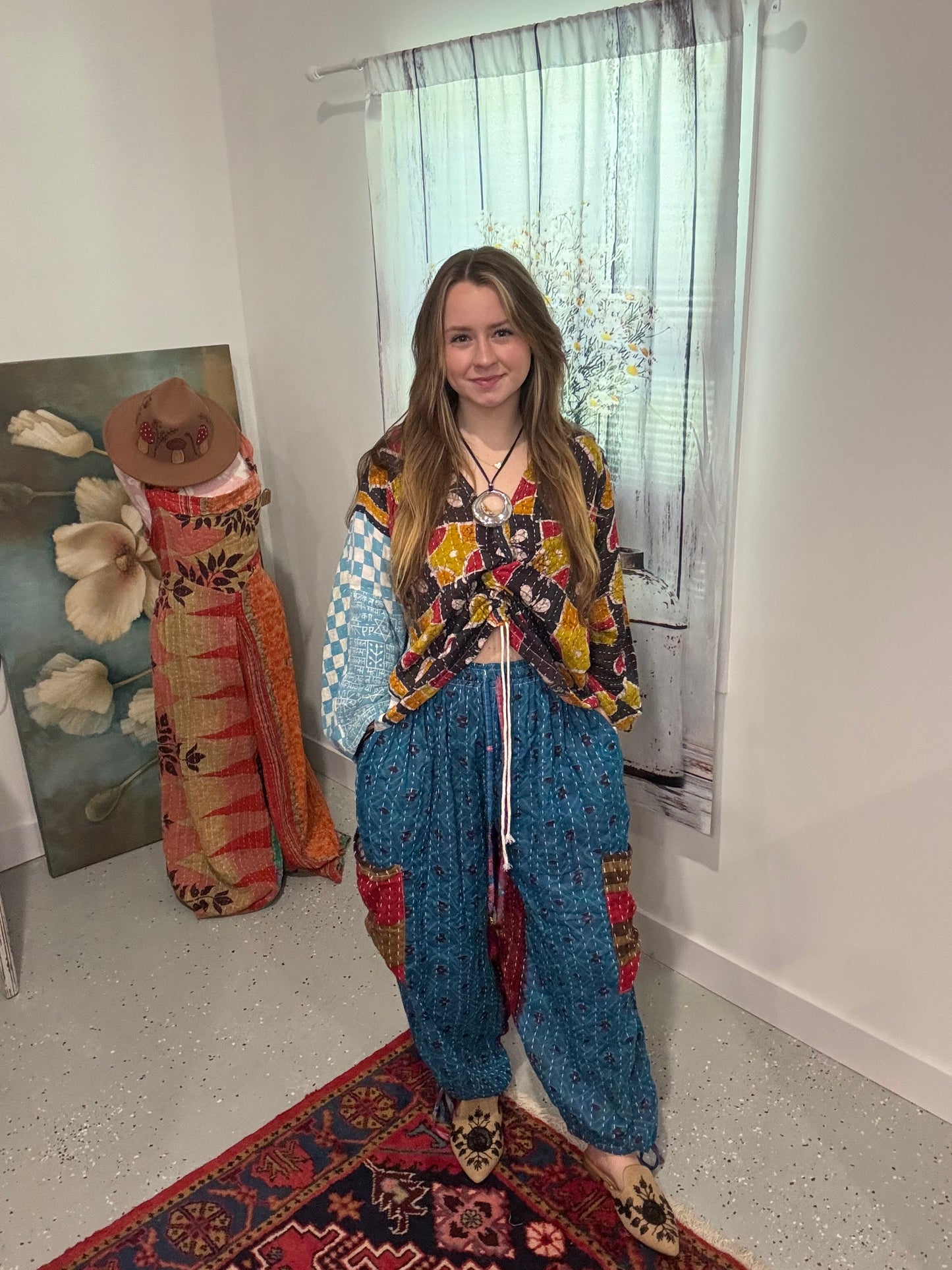 Set of Top with front cinch and convertable pants in kantha - One Size S to 3X