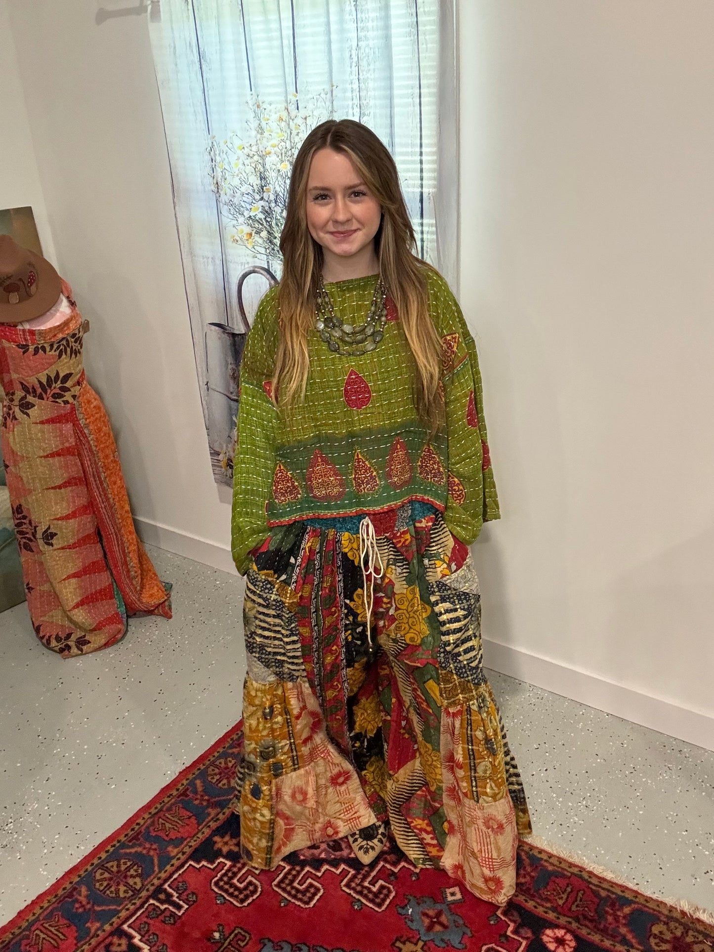 Set of layered pants in heavy kantha and top in light kantha - One Size S to 3X