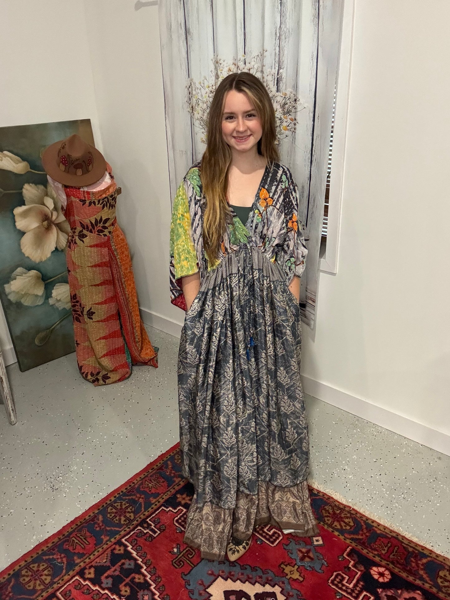 "Moon Light Bloom" Empire Waist Maxi Dress Kantha / Polysilk  - One Size S to 2X