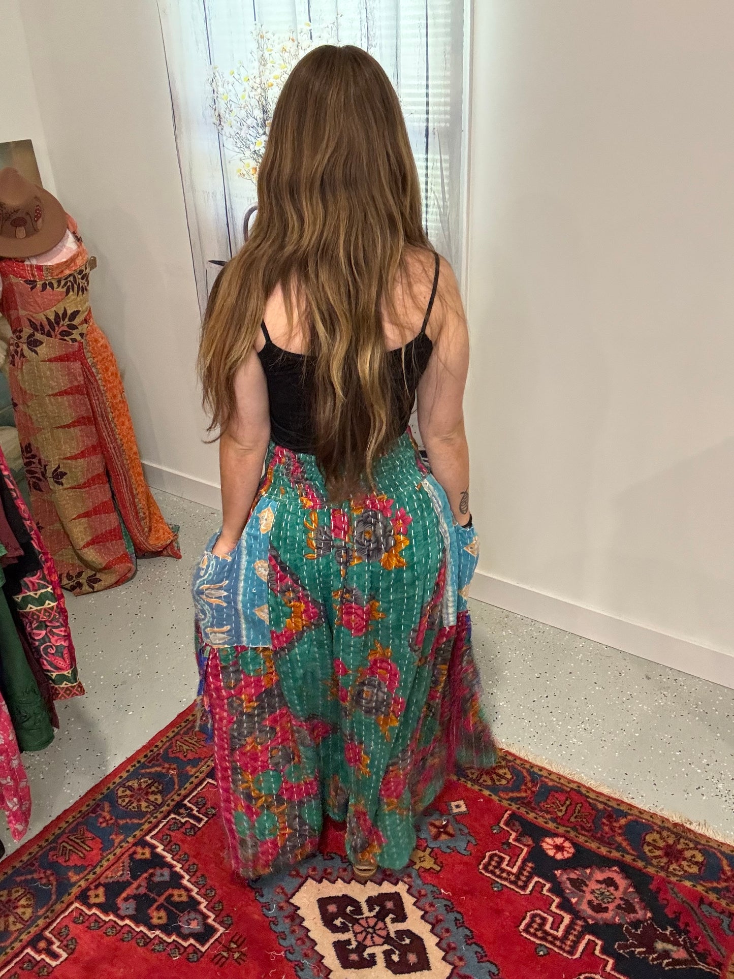 "Peasant Skirt" in light Kantha - One size S to 2X/3X