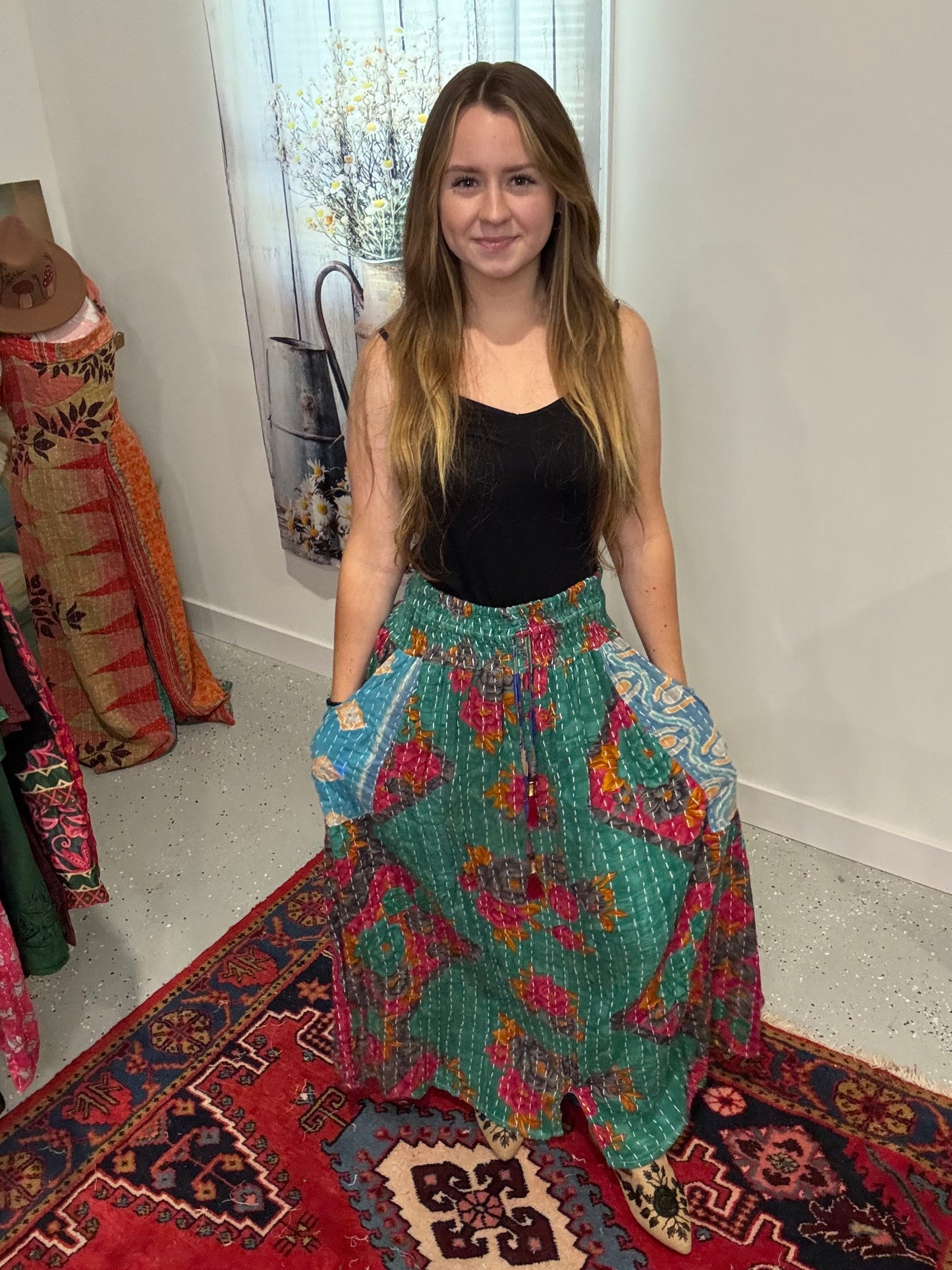 "Peasant Skirt" in light Kantha - One size S to 2X/3X