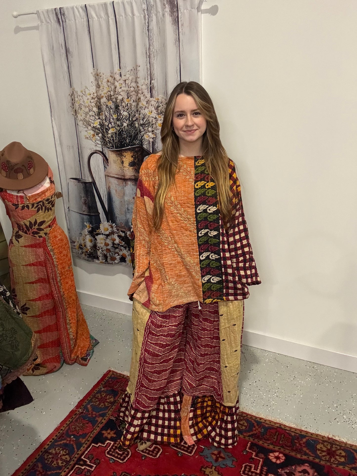 Set of tunic style top with ruffle pants - One Size M to 3X