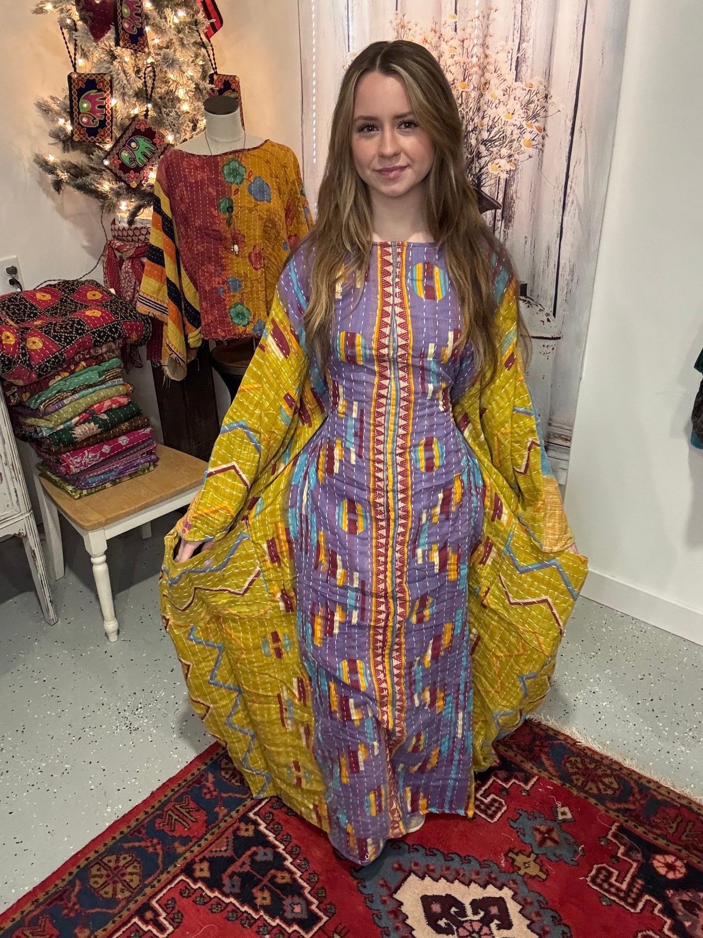 Selene Caftan in light kantha - One size S to 3X /4X