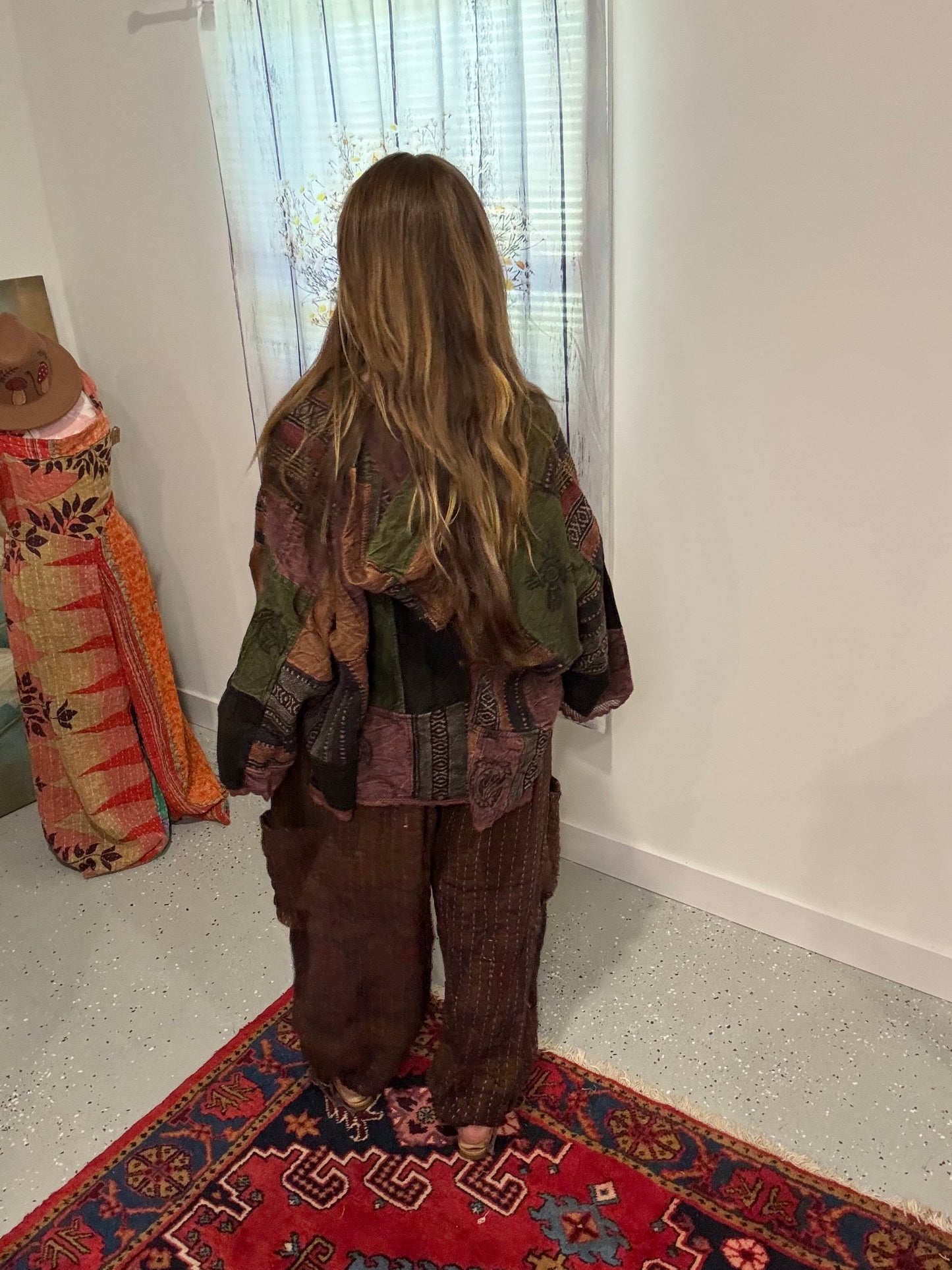 Set of Hoodie patchwork poncho and Convertable pants in kantha - One size S to 2X