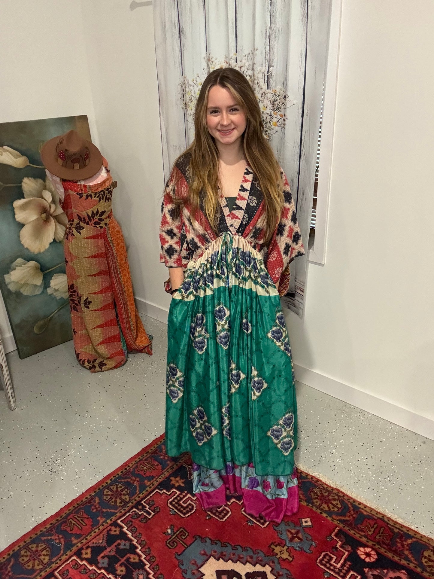 "Moon Light Bloom" Empire Waist Maxi Dress Kantha / Polysilk  - One Size S to 2X