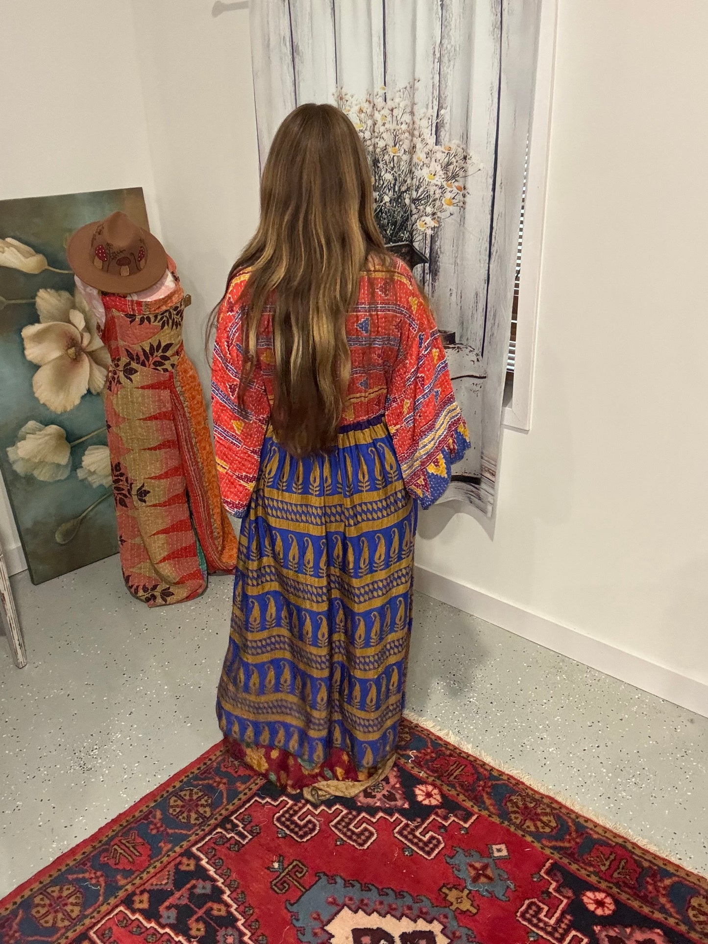 "Moon Light Bloom" Empire Waist Maxi Dress Kantha / Polysilk  - One Size S to 2X