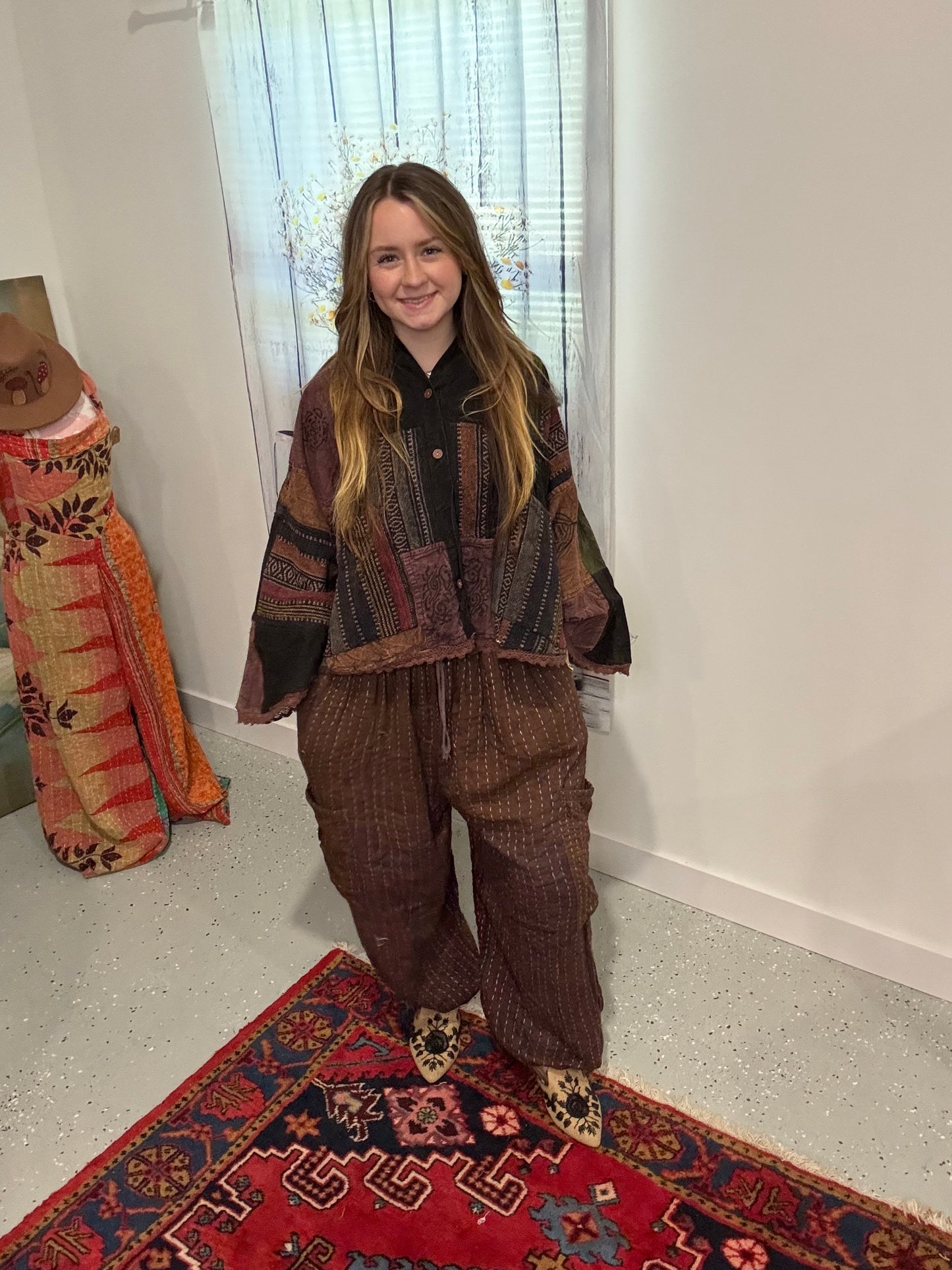 Set of Hoodie patchwork poncho and Convertable pants in kantha - One size S to 2X