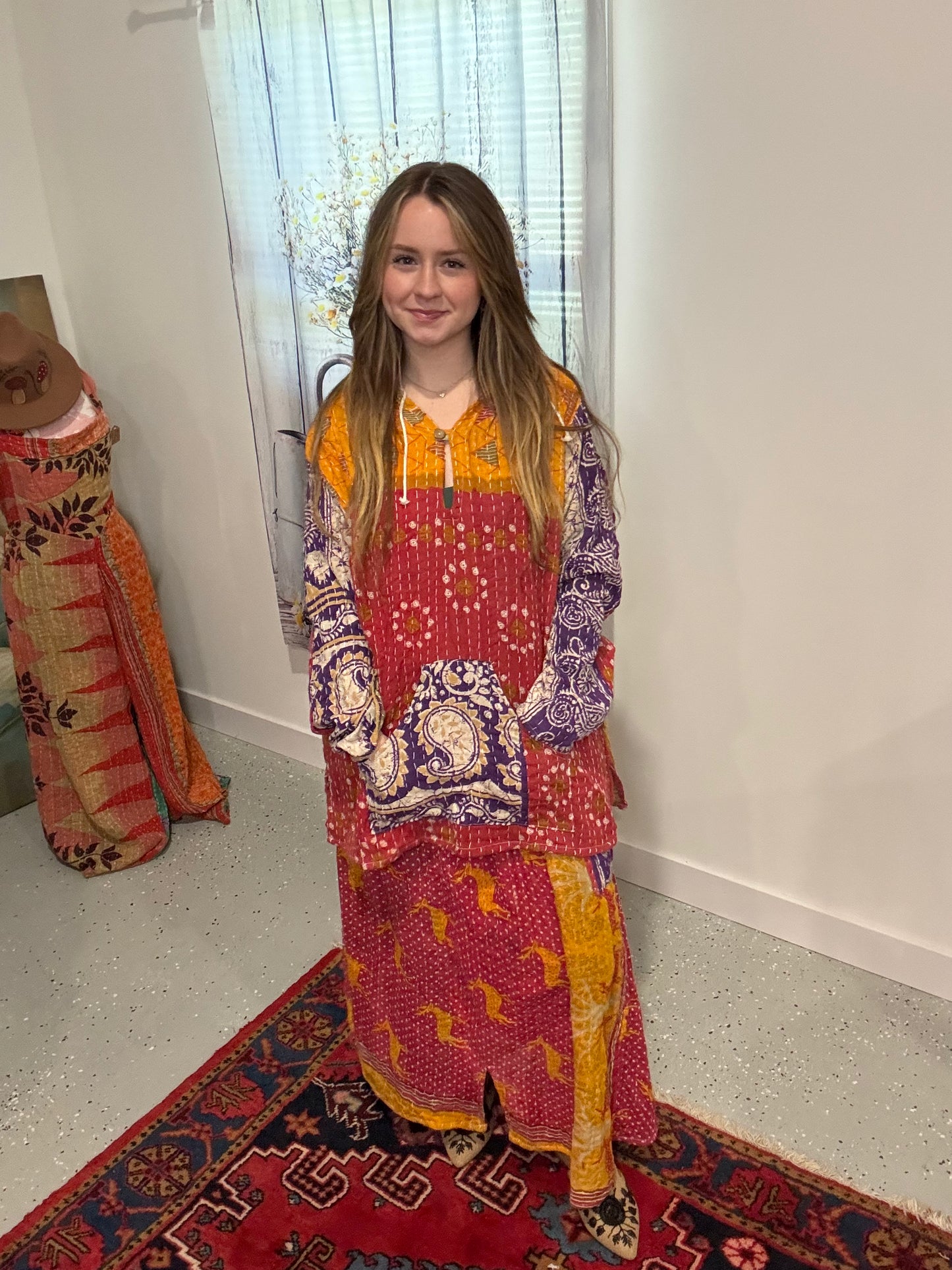 Set of peasant skirt and  hoodie  in kantha- One Size S to 2X