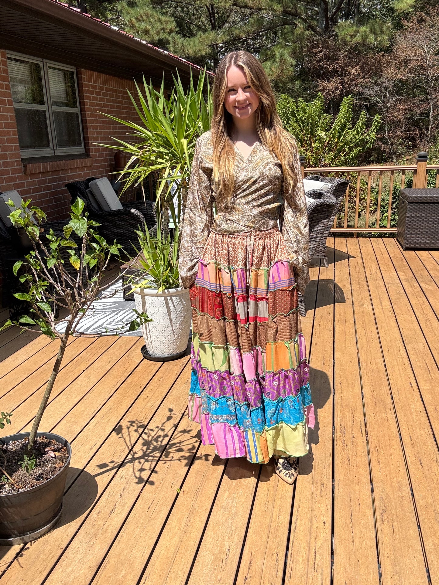 "Be Free" Patchwork Skirt  with Bell Sleeves Top - One Size  S to L