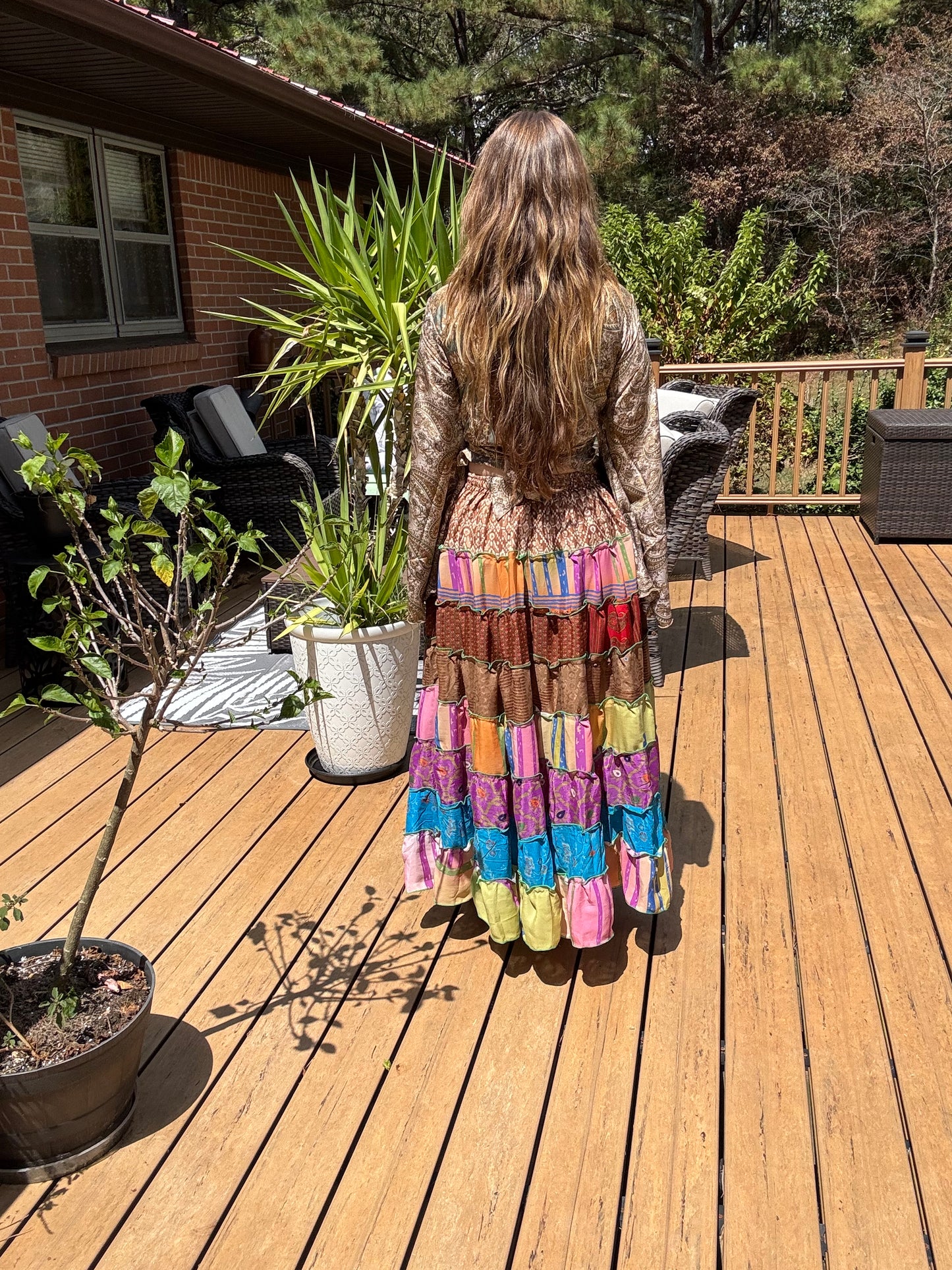 "Be Free" Patchwork Skirt  with Bell Sleeves Top - One Size  S to L