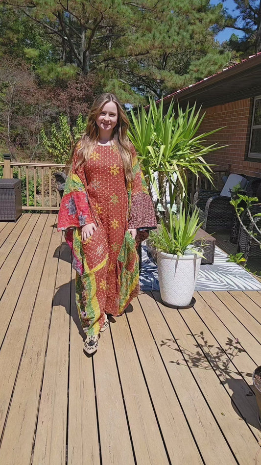 Selene Caftan in light kantha, One Size S to 3X