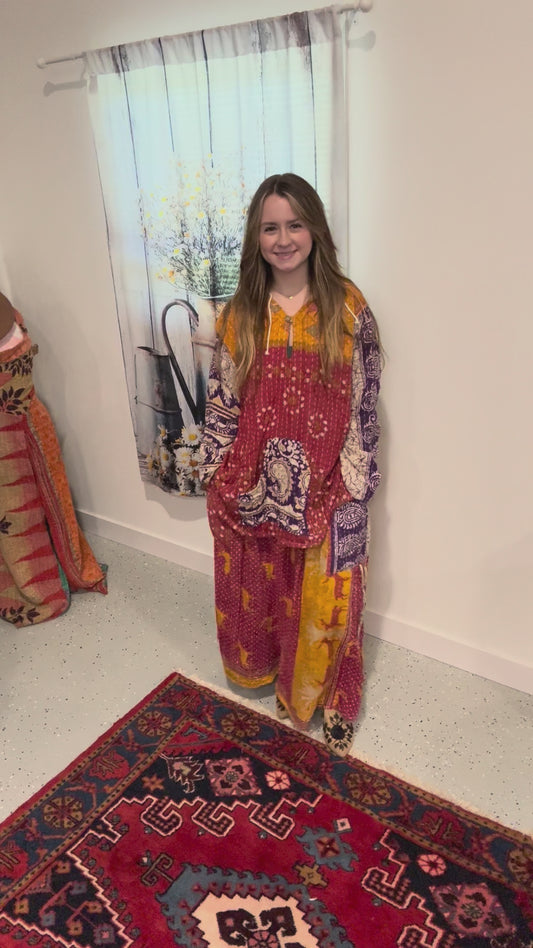 Set of peasant skirt and  hoodie  in kantha- One Size S to 2X