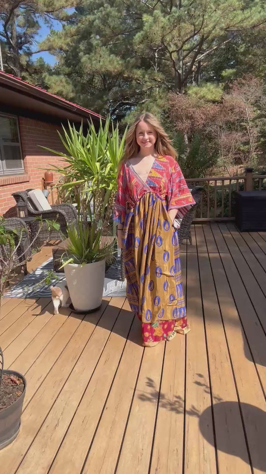 "Moon Light Bloom" Empire Waist Maxi Dress Kantha / Polysilk  - One Size S to 2X