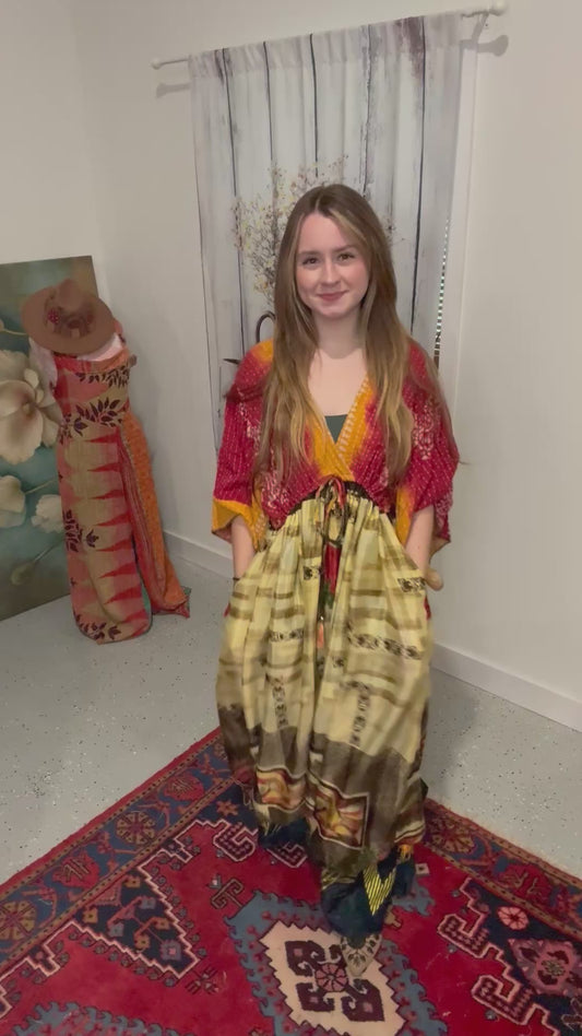 "Moon Light Bloom" Empire Waist Maxi Dress Kantha / Polysilk  - One Size S to 2X