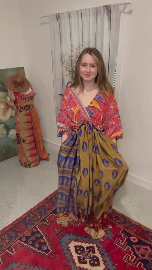 "Moon Light Bloom" Empire Waist Maxi Dress Kantha / Polysilk  - One Size S to 2X