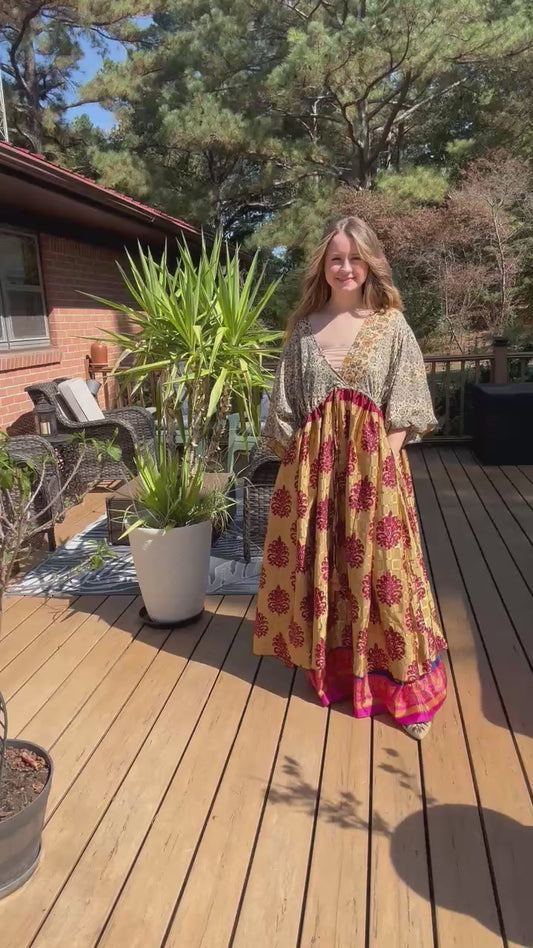 "Moon Light Bloom" Empire Waist Maxi Dress Kantha / Polysilk  - One Size S to 2X