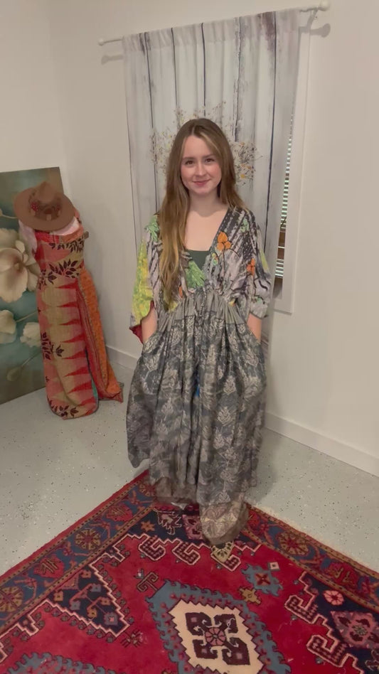 "Moon Light Bloom" Empire Waist Maxi Dress Kantha / Polysilk  - One Size S to 2X