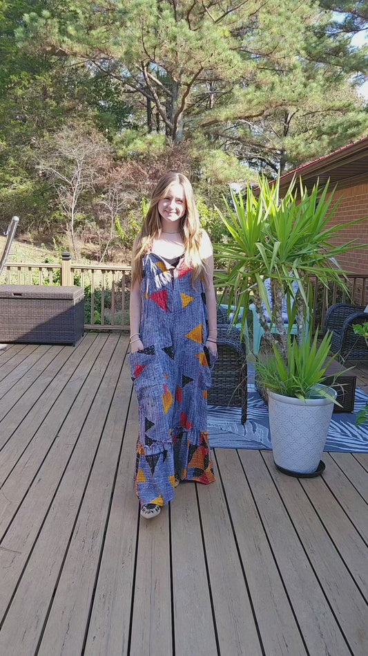 "Good Vibes" Jumpsuit in light kantha One size S to 2X/3X