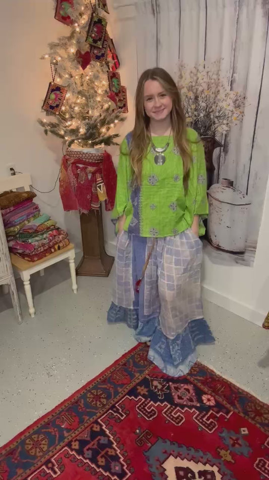 Set of Kantha Dolman Sleeves  Top with Ruffle Pants  - One Size S to 3X