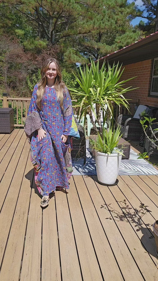 Selene Caftan  in light kantha, One Size S to 3X