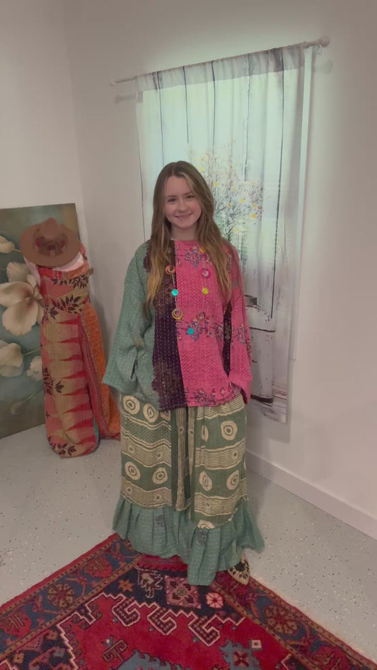 Set of tunic style top with ruffle pants in Kantha  - One size M to 3X