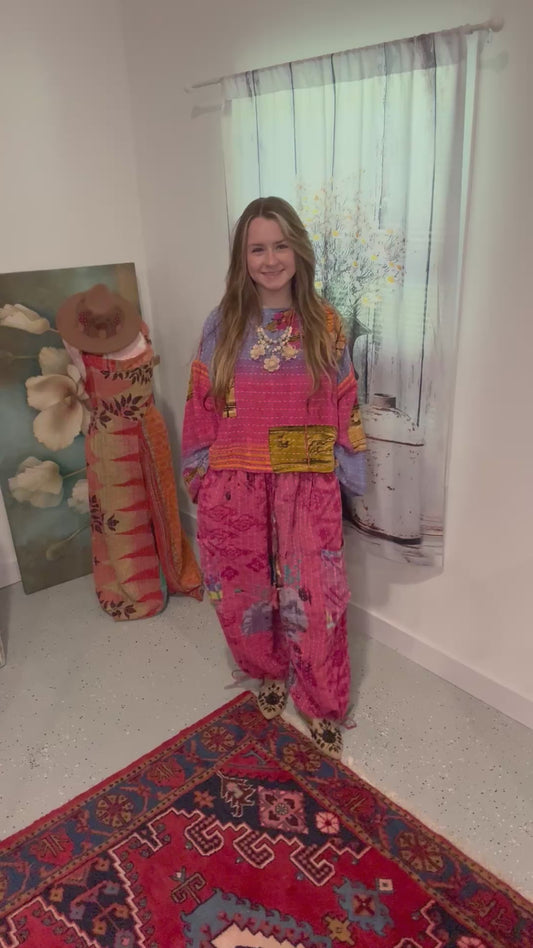 Set of top and convertable pants in light  kantha - One size S to 3X