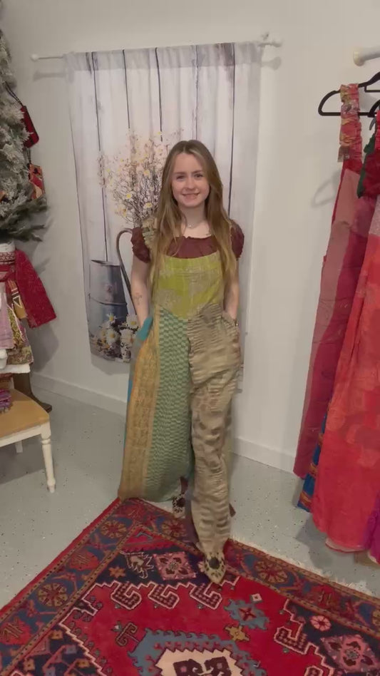 Apron Jumpsuit in Heavy kantha  One Size S to 2X/3X