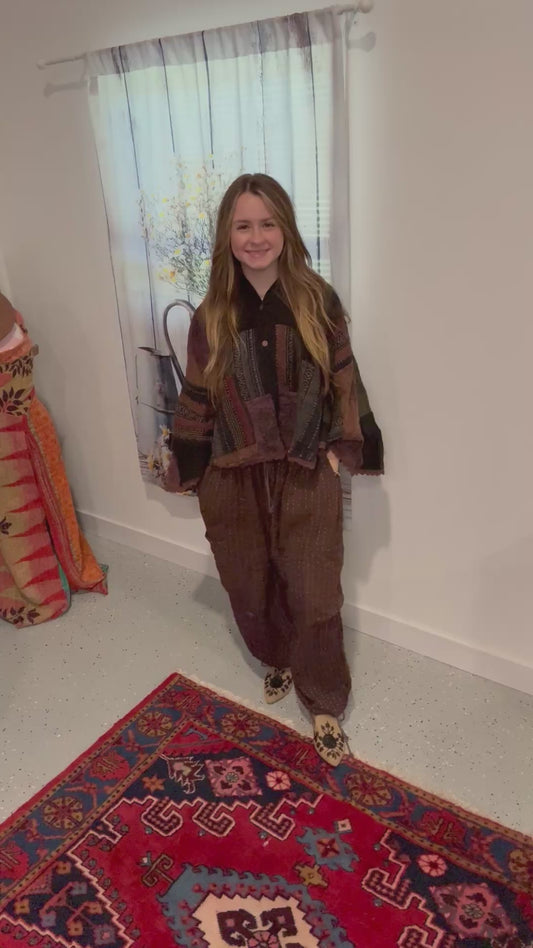 Set of Hoodie patchwork poncho and Convertable pants in kantha - One size S to 2X