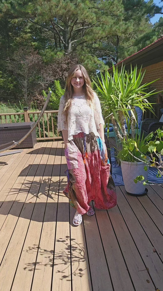 "Peasant" Light Kantha Maxi  Skirt - One Size S to 2X/3X