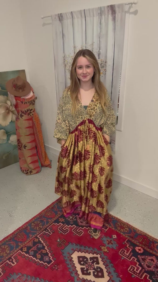 "Moon Light Bloom" Empire Waist Maxi Dress Kantha / Polysilk  - One Size S to 2X