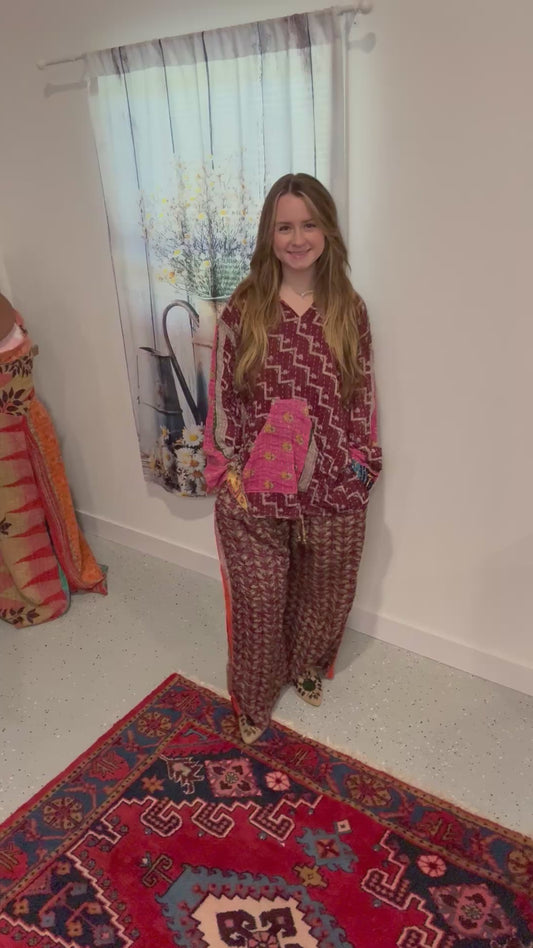 Set of Hoodie with palazzo pants in kantha - One size S to 2X