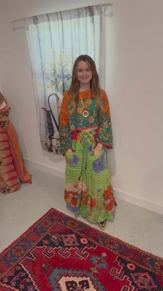 Set in Light Kantha of Crop Top with Layered Skirt   - One size S to XL/2X