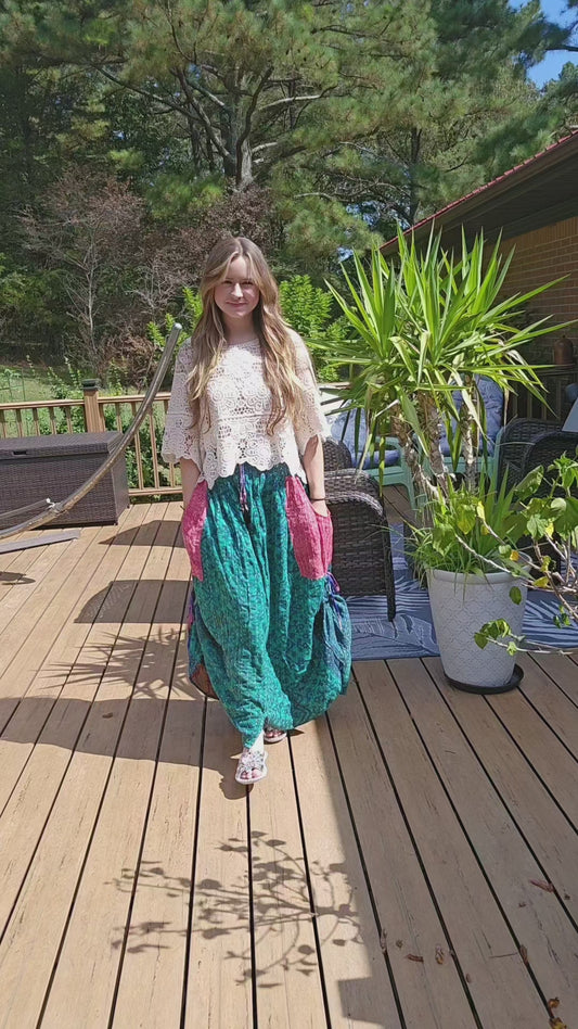 "Peasant" Light Kantha Maxi  Skirt - One Size S to 2X/3X