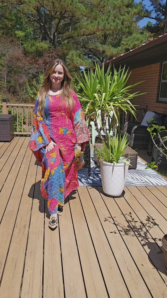 Selene Caftan  in light kantha, One Size S to 3X