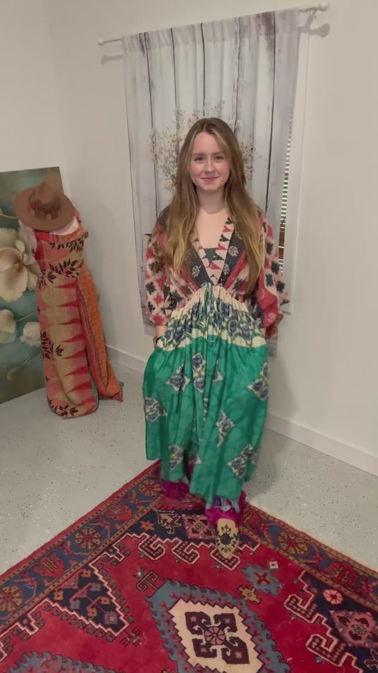 "Moon Light Bloom" Empire Waist Maxi Dress Kantha / Polysilk  - One Size S to 2X