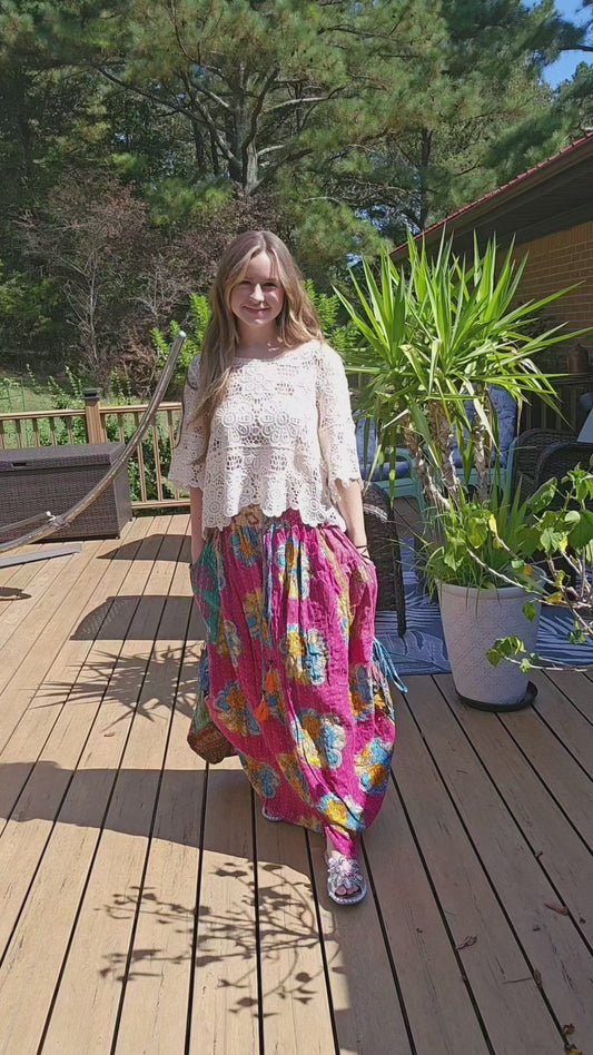 "Peasant" Light Kantha Maxi  Skirt - One Size S to 2X/3X