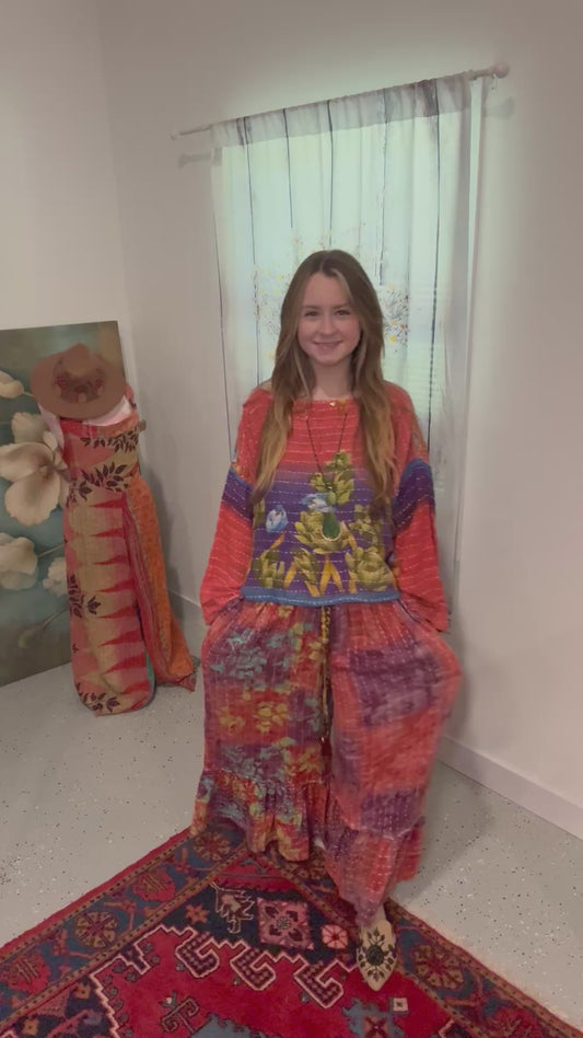 Set of Top and Ruffle pants in 2 layers kantha - One Size S to 3X