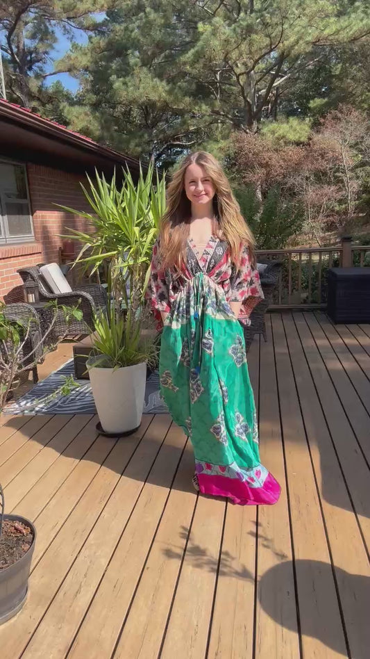 "Moon Light Bloom" Empire Waist Maxi Dress Kantha / Polysilk  - One Size S to 2X