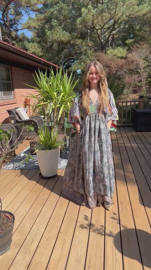 "Moon Light Bloom" Empire Waist Maxi Dress Kantha / Polysilk  - One Size S to 2X