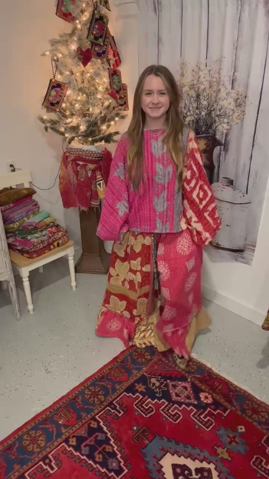 Set of Kantha Dolman Sleeves  Top with Ruffle Pants  - One Size S to 3X