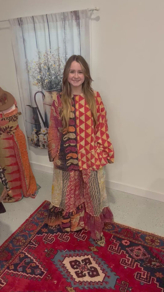 Set of tunic style top with ruffle pants - One Size M to 3X